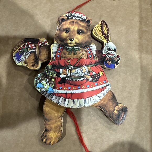 Vintage Christmas Ornament Wood Bear, Holiday Pull String Puppet with Motion - Picture 3 of 4